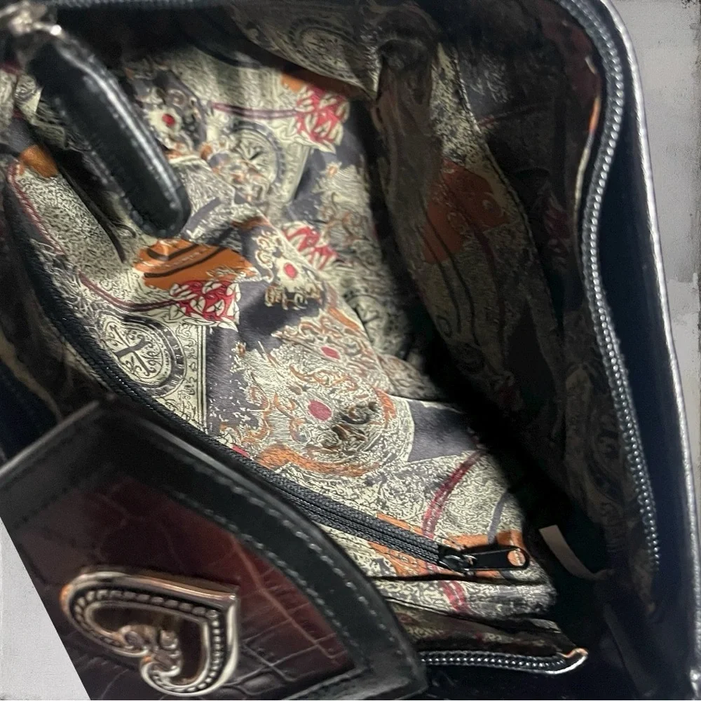Vintage black and burgundy/red crocodile-embossed leather shoulder bag